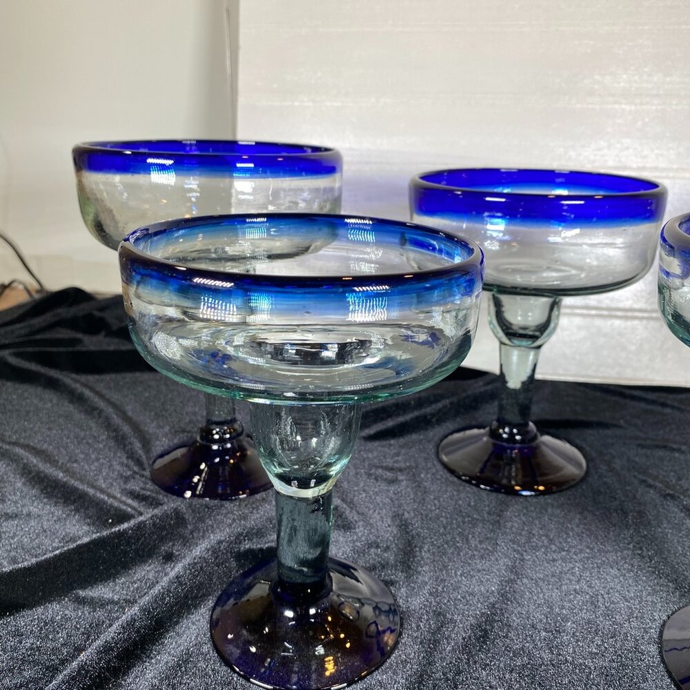 5 Hand-Blown Cobalt Blue Rimmed Mexican Margarita Glasses with Blue Rim - Sold T